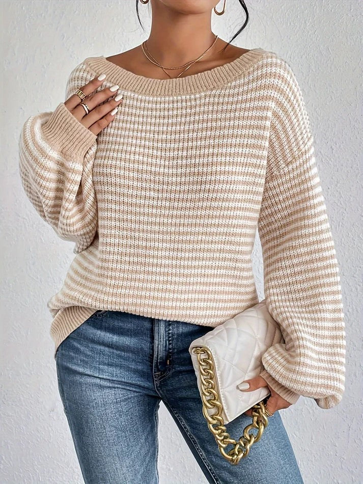 Casual katoenen gestreepte off-shoulder gebreide trui met rekbare stof en ronde hals Dames truien | Perfect voor Casual Dagen