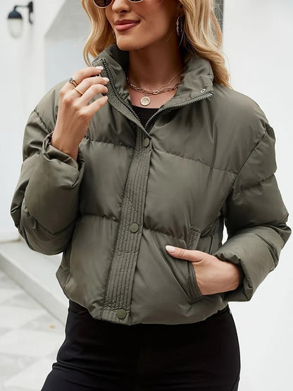 Casual Warme Cropped Puffer Groene Winterjas voor Dames | Ideaal voor Herfst/Winter